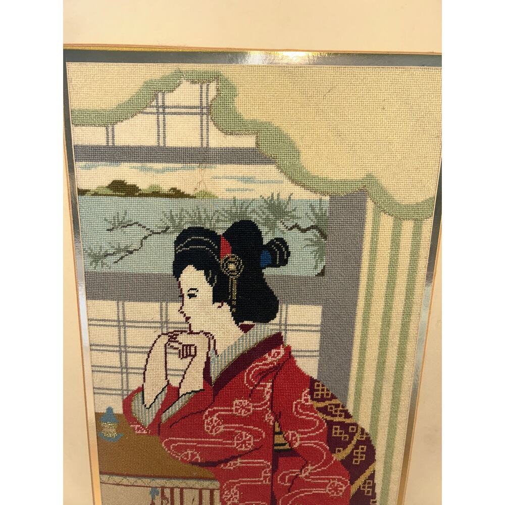 Vintage Handmade needlepoint Geisha Kimono Wool Gold Framed 26x15” - Picture 2 of 6